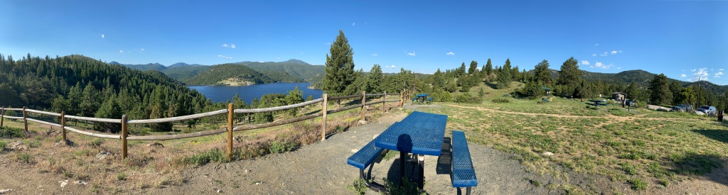Panoramic view of the lake, trails, and picnic areas