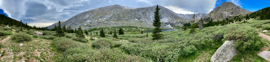 Panoramic view of the second lake, Mt. Evans, and surrounding cliffs