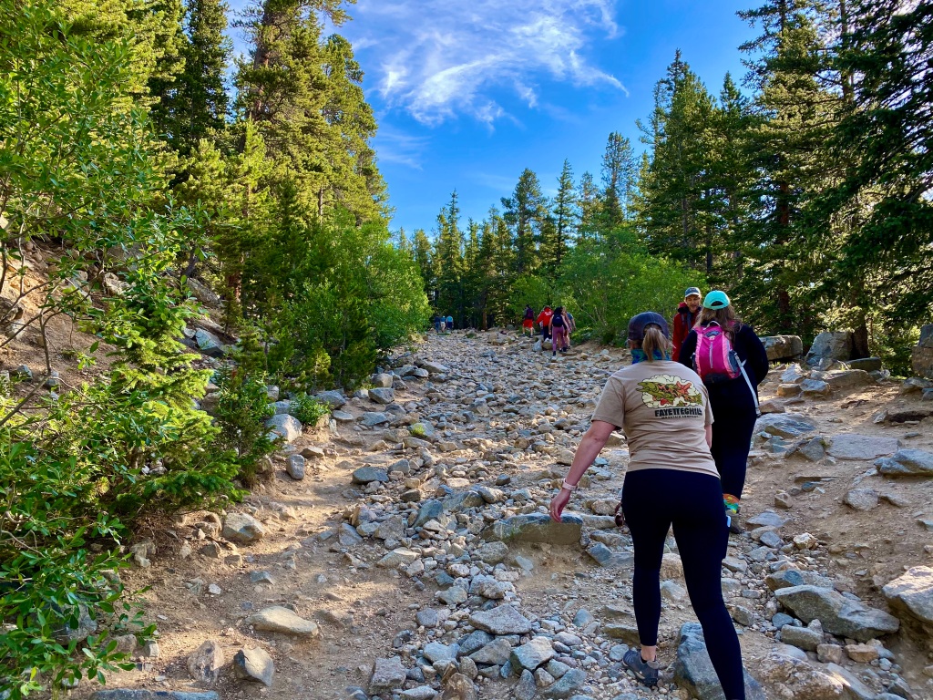 People climbing rocky trail surrounded by pine trees