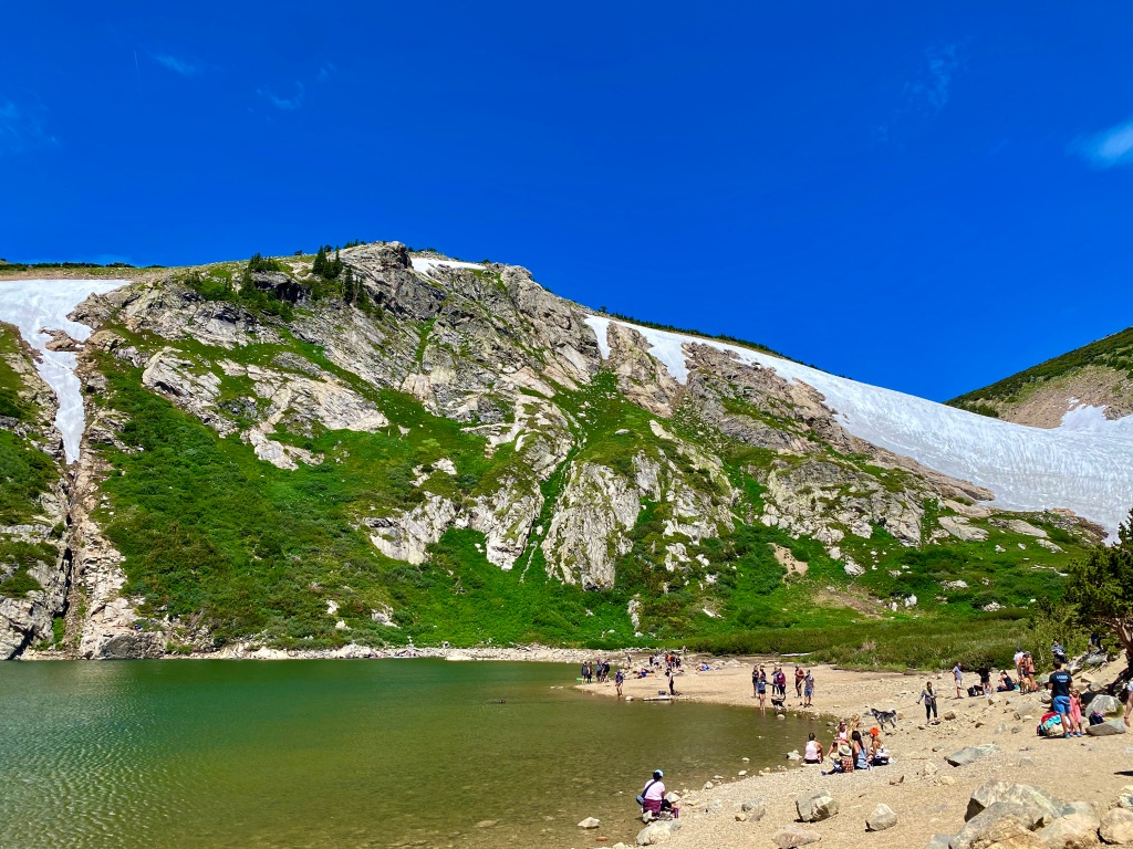 Landscape shot of people sitting alongside mountain lake with glacier in the background