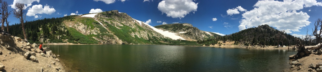 Panoramic view of St. Marys Glacier and the lake in front